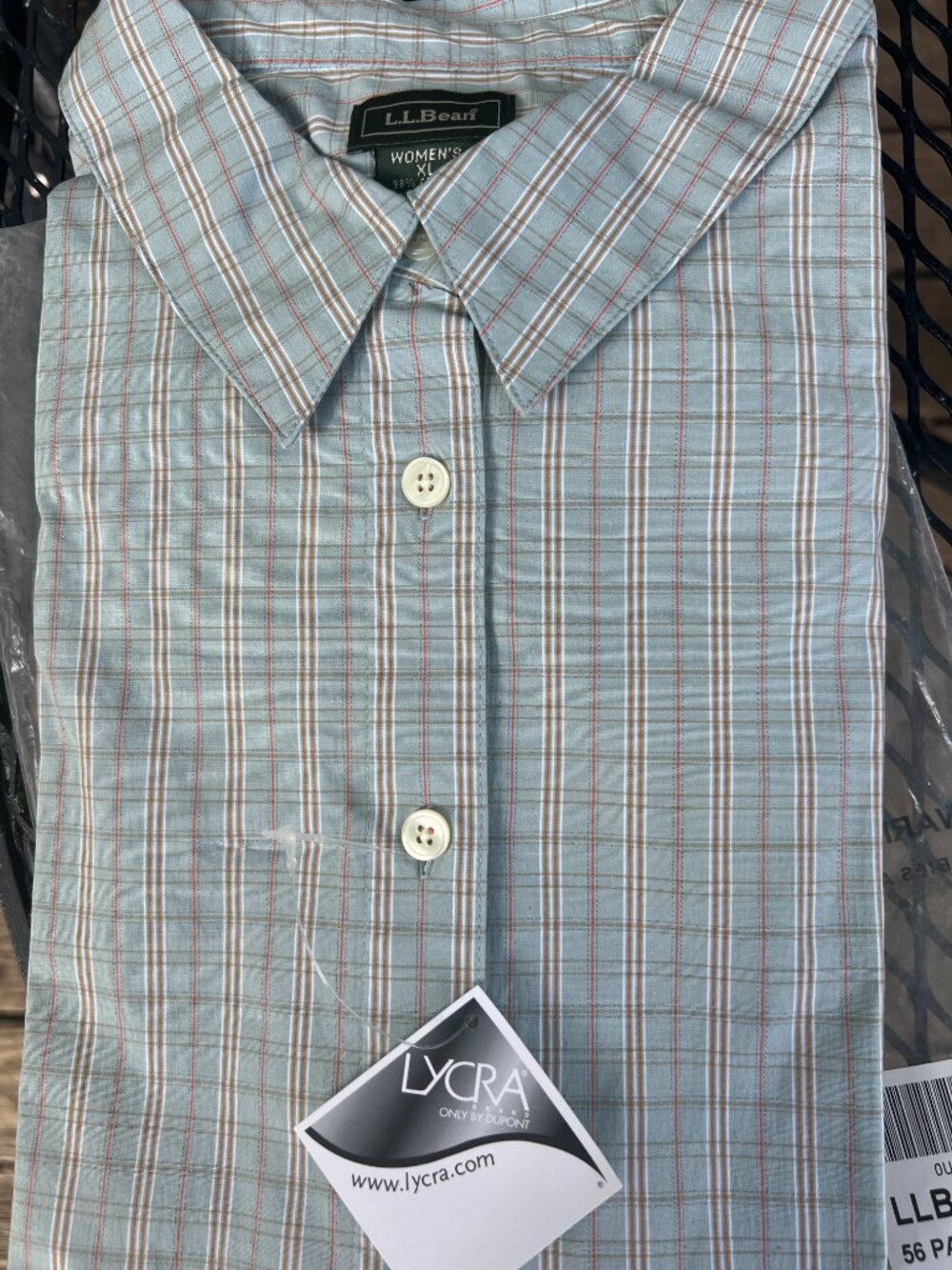 LLBean womens plaid button up collar cotton blend XL blue preppy workplace